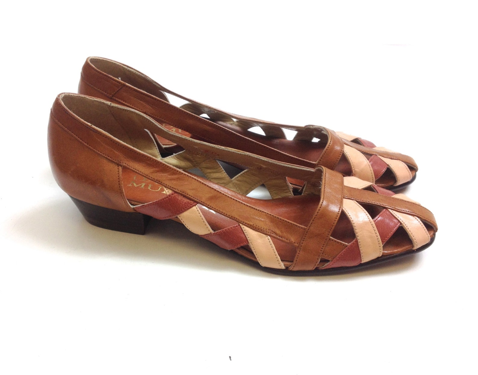 80s brown leather flats | woven leather ballet flats | two-tone leather flats | david murray | us 6 eu 36