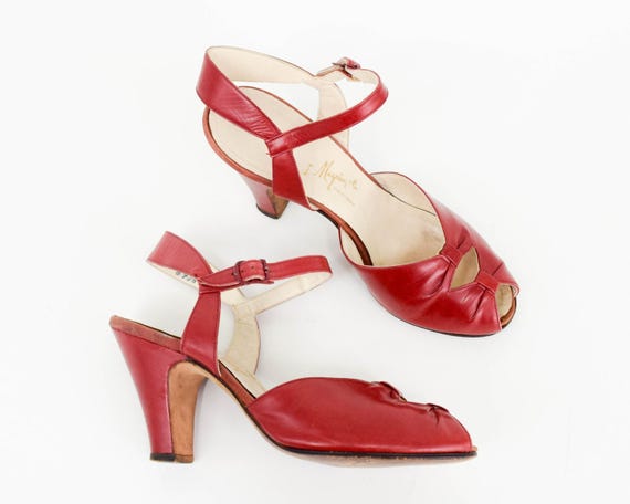 40s Red Leather Peep Toe Red Peep Toe Ankle Strap Heels I 40s Emily T strap Leather Pumps in Black