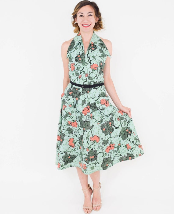 1950s Green Cotton Print Halter Dress | 50s Mint … - image 5