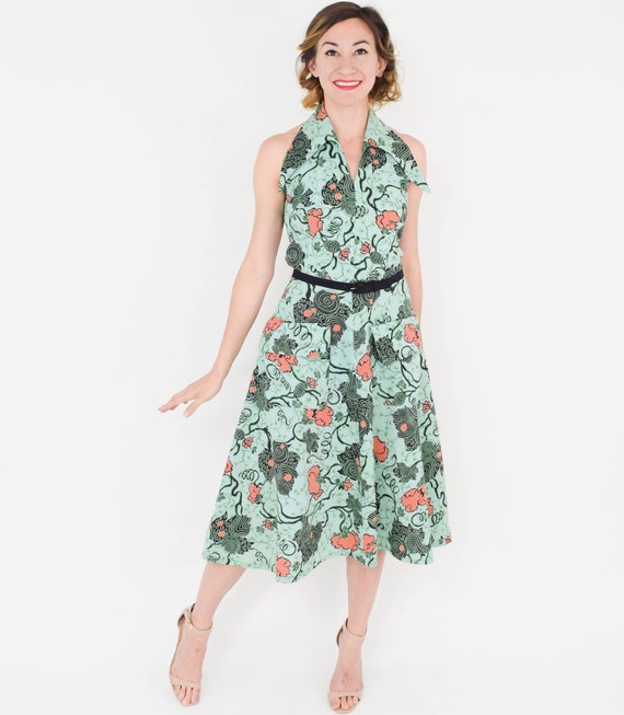 1950s Green Cotton Print Halter Dress | 50s Mint … - image 7