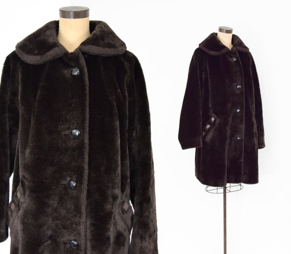 1960s Brown Faux Fur Coat | 60s Brown Faux Shirre… - image 1