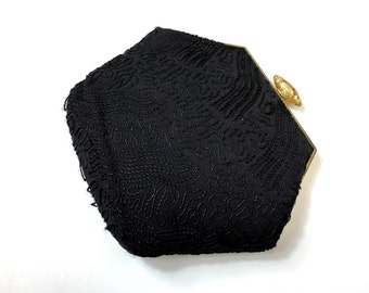 1930er Jahre schwarze Perlen Clutch | 30s Schwarze Perlen Stickerei Geldbörse | Hexagon Form Tasche