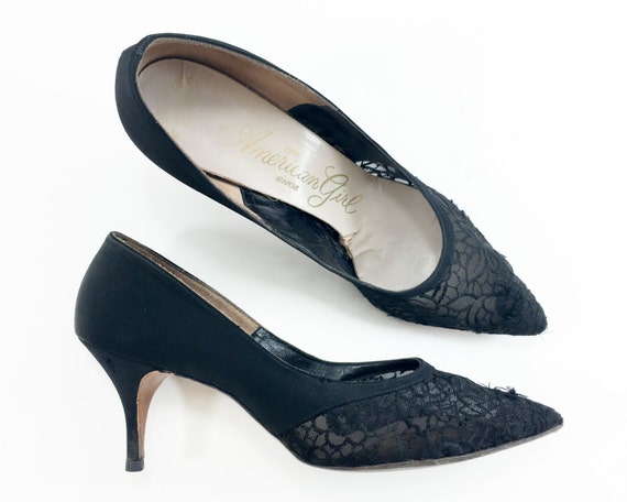 60s Black Lace Heels | Black Crepe & Lace Heels |… - image 3