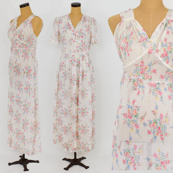 40s Creme Floral Peignoir | Radcliffe | Large