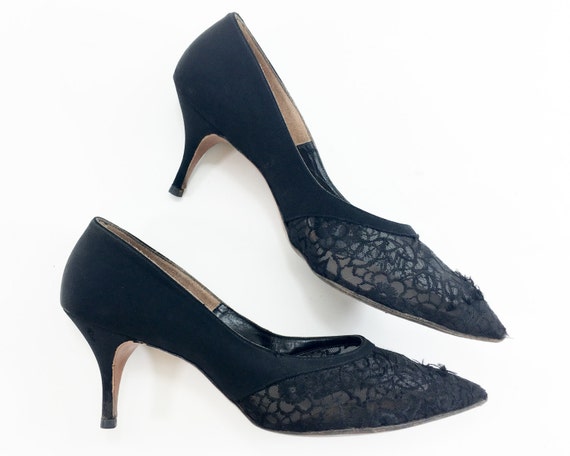 60s Black Lace Heels | Black Crepe & Lace Heels |… - image 4