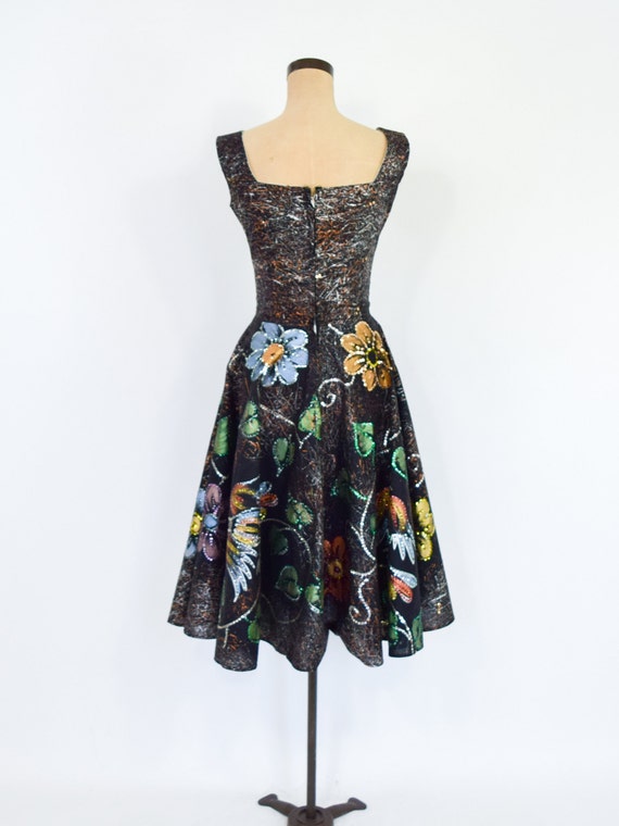 1950s Black Painted Sequin Party Dress | 50s Blac… - image 8