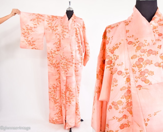 1960s Peach Flower Kimono | Vintage Orange Floral Print, One Size