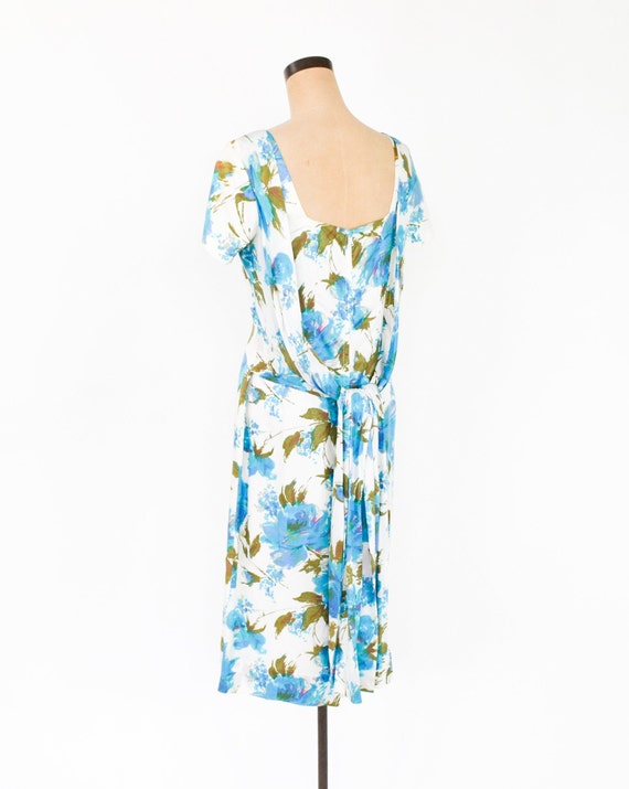 1950s Blue Floral PartyDress | 50s Blue & White F… - image 6