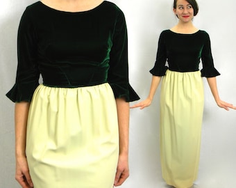 1960s Green Evening Dress | 60s Green Velvet & Crepe Dress | Bridesmaid | Prom Dress | XS
