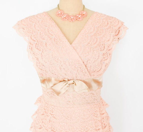 1950s Peach Lace Cocktail Dress | 50s Peach Layer… - image 8
