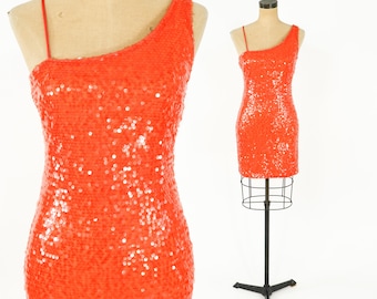 Vestido corto naranja de lentejuelas de los años 90, modelo Accidentally in Love / Vestido de fiesta vintage de un solo hombro, talla pequeña.