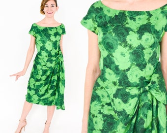 1950s Green Silk Floral Party Dress | Carlye Dress 50s Green Watercolor Flowers Dress | Carlye | Small