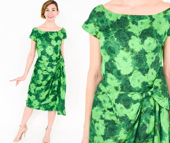 1950s Green Silk Floral Party Dress | Carlye Dres… - image 1