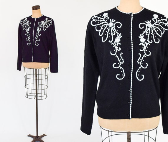 1950s Black Wool Beaded Cardigan | 50s Black & Whi
