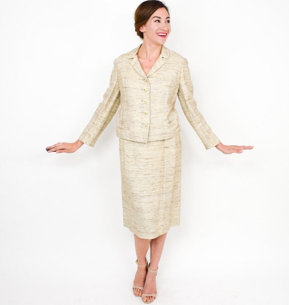 1960s Beige Silk Suit | 60s Beige Raw Silk Skirt … - image 4