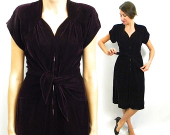 1940s Purple Velvet Dress | 40s Dark Purple Velvet Dress | Small