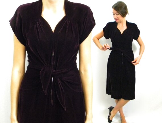 1940s Purple Velvet Dress | 40s Dark Purple Velvet