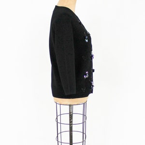 1960s Black Sequin Wool Cardigan 60s Black Wool Double Knit Cardigan Figure Knits Medium image 6