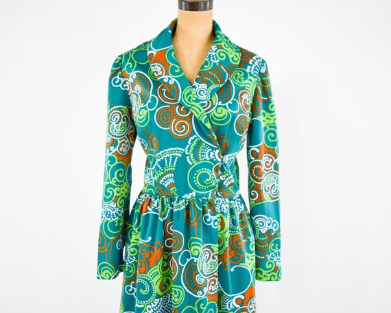 1970s Green Floral Maxi Dress | 70s Green Op Art … - image 6