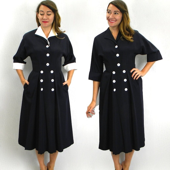 1950s Navy Crepe Day Dress | Vintage Navy Dress with Removable Collar | Jane Andre, Medium