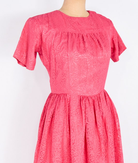 1950s Pink Floral Dress | 50s Bright Pink Chiffon… - image 8