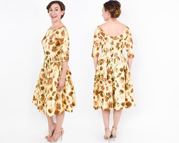 1950s Yellow Floral Sateen Dress | 50s Yellow & Go