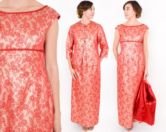 1970s Red Gold Brocade Evening Dress & Jacket | 70