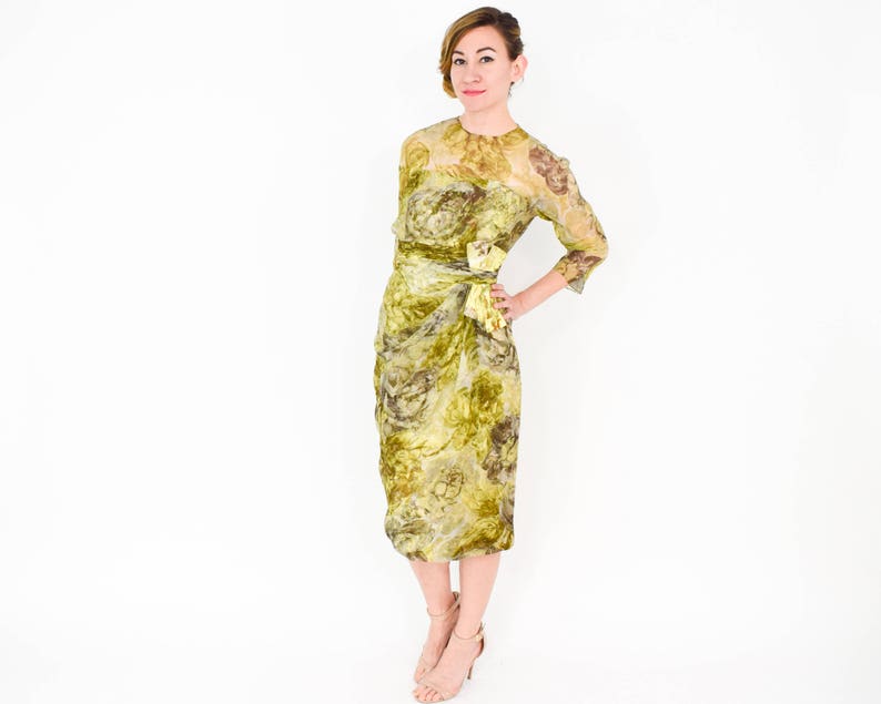 1950s Olive Green Silk Cocktail Dress 50s Green Print Party - Etsy