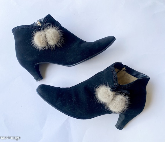 1950s Black Suede Short Boots | 50s Black Suede B… - image 1