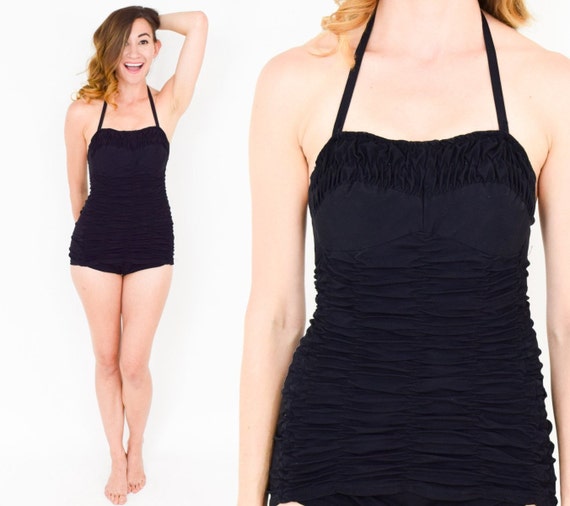 1940s Black Bathing Suit | 40s Black Ruched Bathin