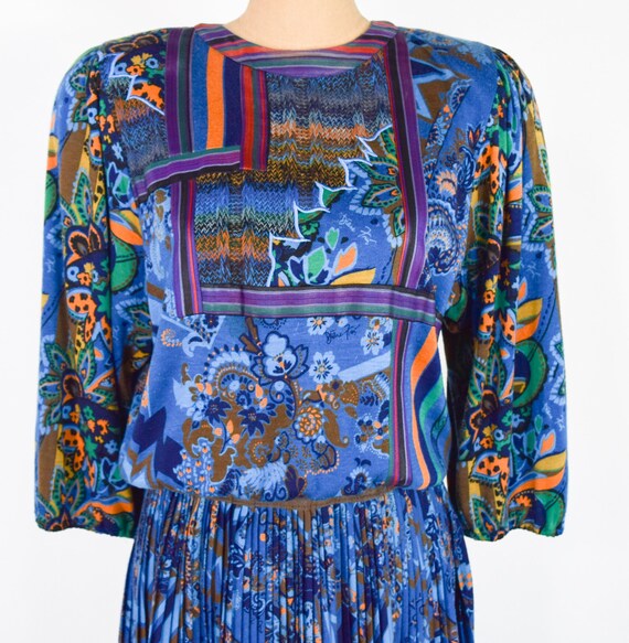 Diane Freis | 1980s Blue Wool Print Dress | 80s B… - image 6