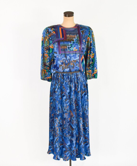 Diane Freis | 1980s Blue Wool Print Dress | 80s B… - image 3