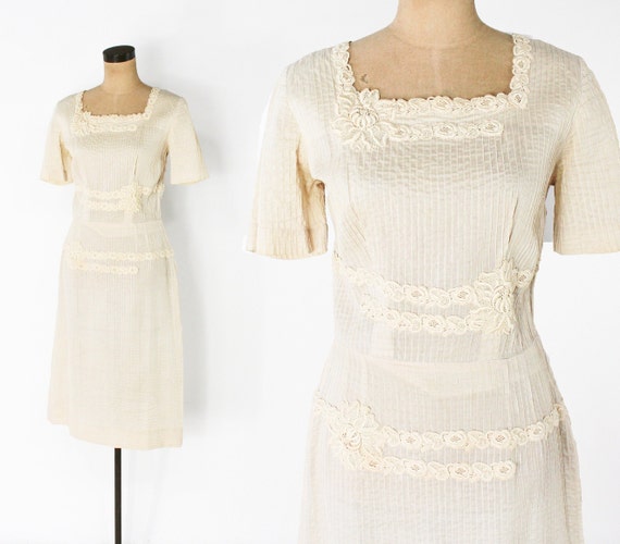 1950s Beige Cotton Summer Dress | 50s Beige & Lac… - image 2
