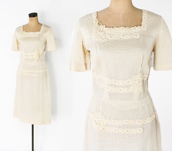 1950s Beige Cotton Summer Dress | 50s Creme & Lac… - image 2