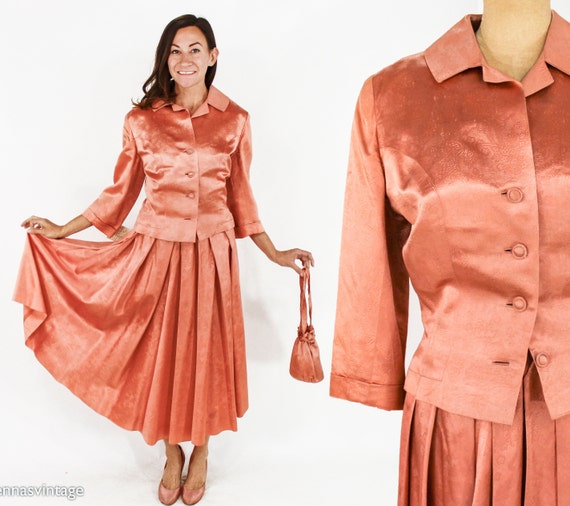 1940s Peach Satin Suit Set | 40s Orange Satin Ski… - image 7