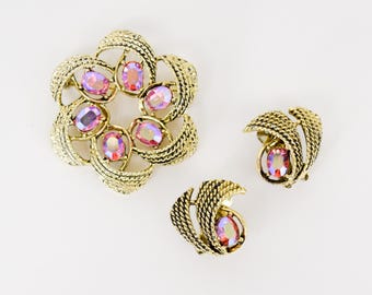 1960s Gold & Pink Rhinestone Brooch Set | 60s Pink Rhinestones Pin Clip Earrings Set