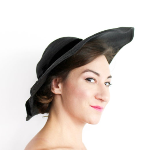 1940s Black Wide Brim Hat | 40s Black Saucer Hat … - image 6