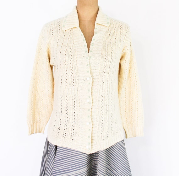 1950s Creme Wool Knit Cardigan | Vintage Button Front Wool Sweater, Medium