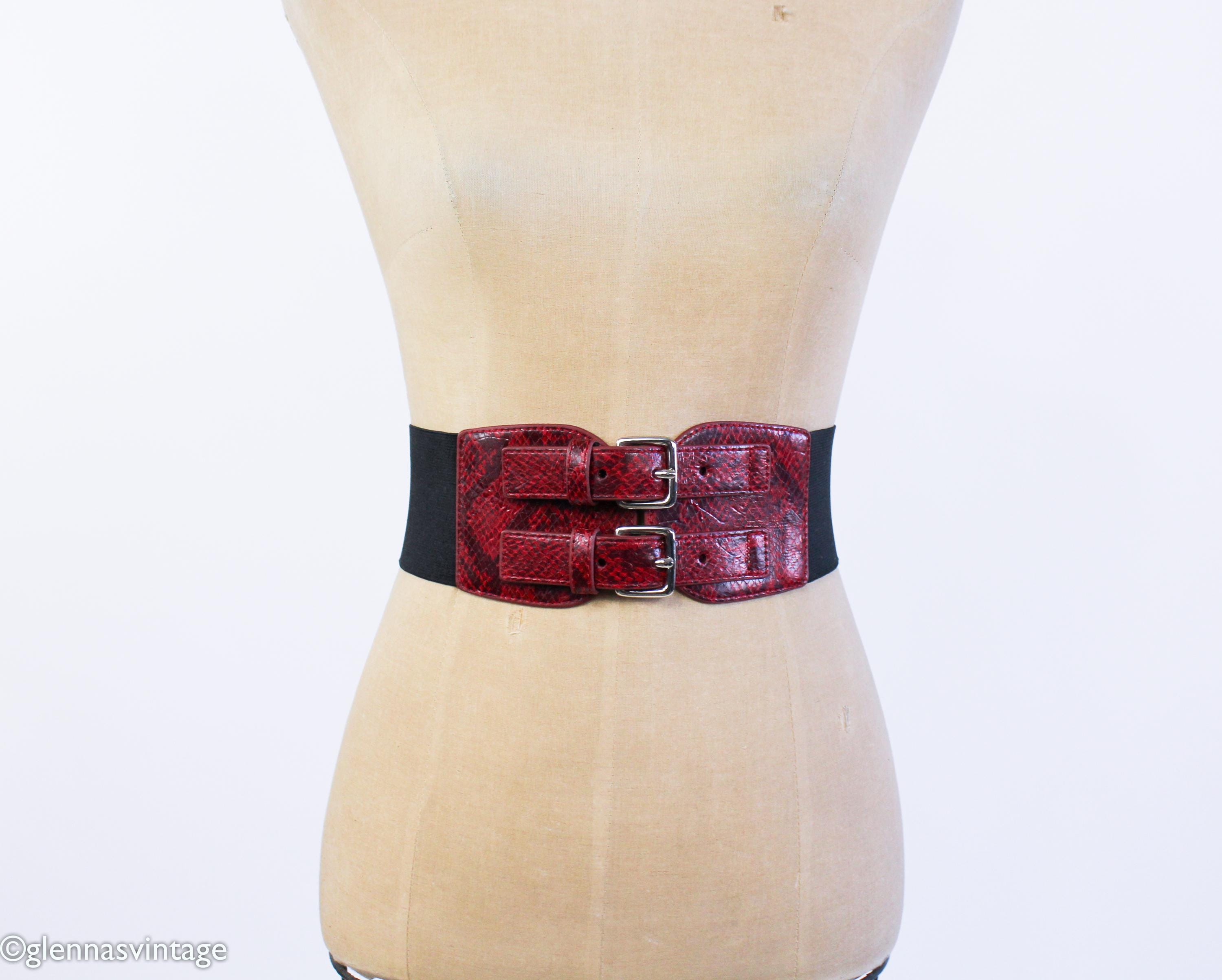 1980s Red Snakeskin Leather Belt | Double Buckle Stretch  display picture 3