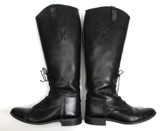 1980s Black Leather Boots | 80s Black Lace Up Riding Boots | US 7.5 EU 38 UK 5.5