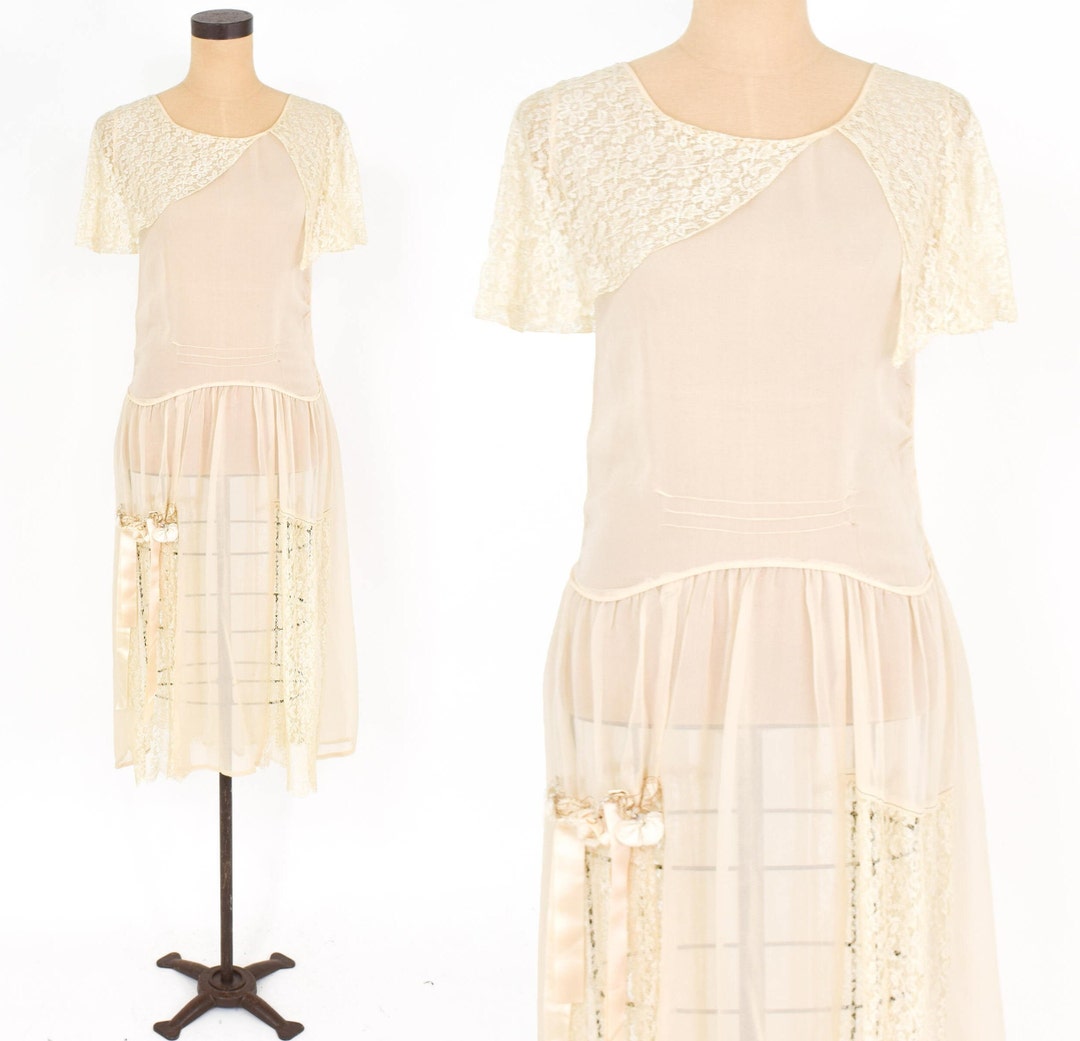 1920s Ivory Silk Chiffon Dress 20s Ivory Chiffon & Lace Dress Wedding ...