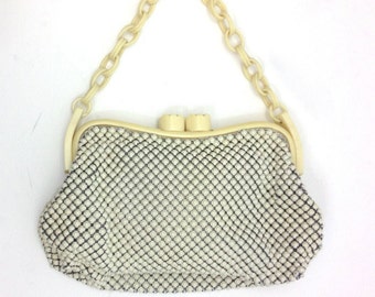 1930s Ivory Enamel Mesh Handbag | 30s Creme Mesh With Lucite Chain Purse | Whiting Davis
