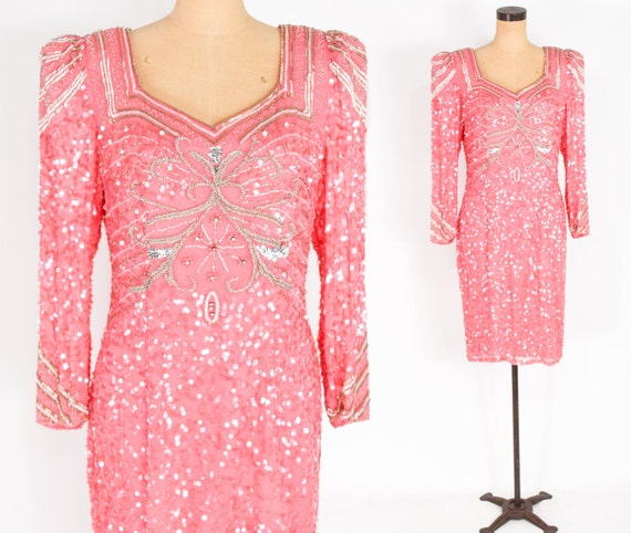 1980s Pink Beaded Silk Dress | 80s Pink Sequin & B