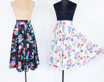 1950s White Cotton Print Swing Skirt | 50s Cherries & Plums Print Skirt | Small