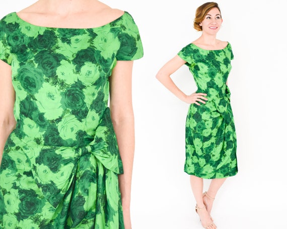 1950s Green Silk Floral Party Dress | Carlye Dres… - image 2