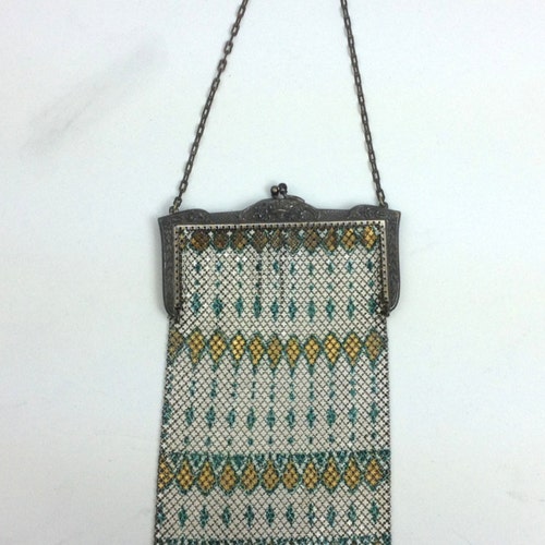 1900s White & Green Mesh Evening Bag | White Gold shops Green Enamel Mesh Purse | Mandalin