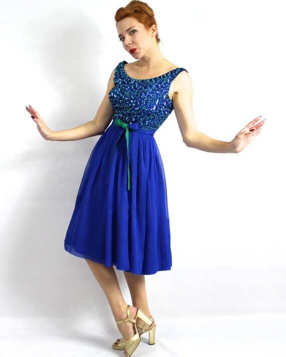 1950s Royal Blue Party Dress | 50s Blue Chiffon &… - image 5