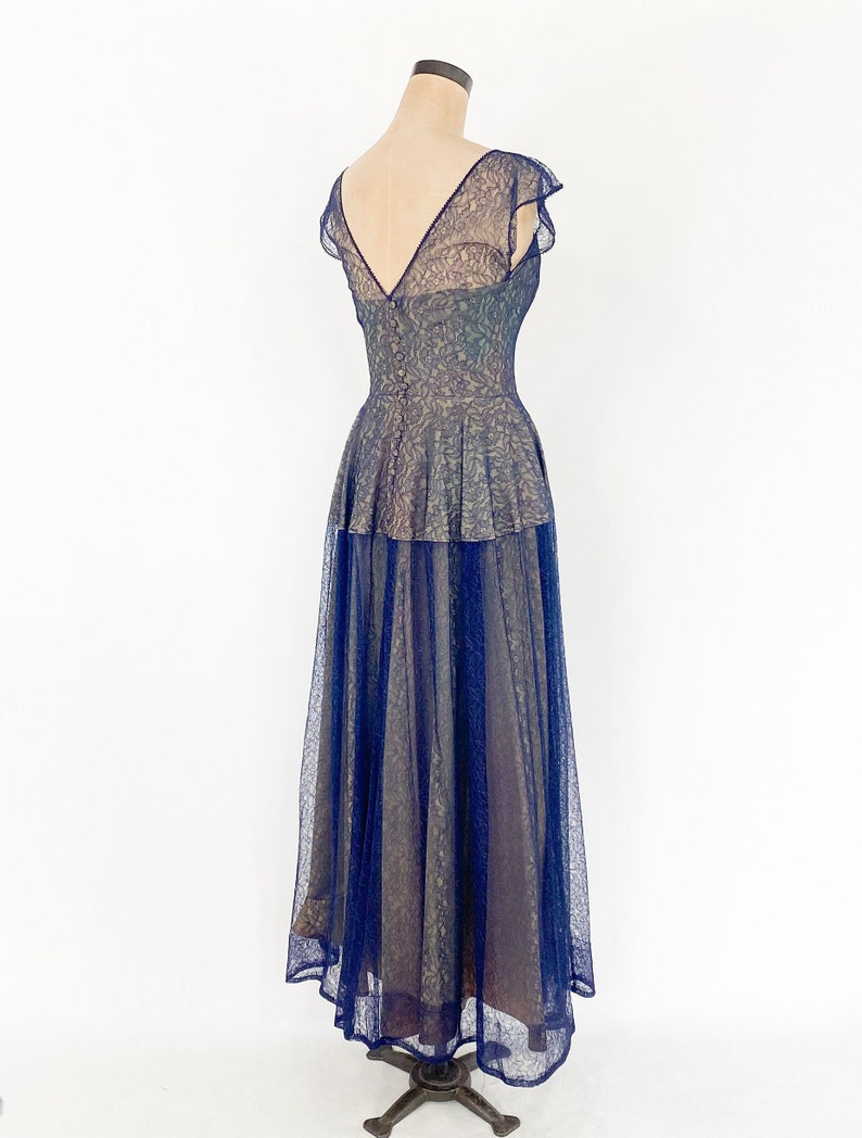 1950s Navy Lace Evening Gown 50s Navy Lace Illusion Dress Old Hollywood Small image 5