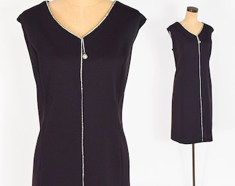 1960s Black Rhinestone Party Dress | 60s Black Knit Polyester Shift | Mod Dress | Large