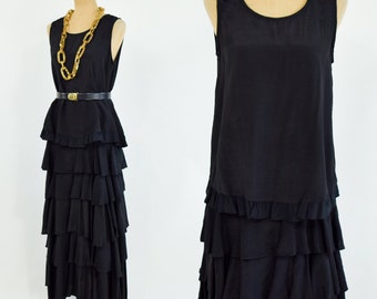 1980s Black Tiered Skirt & Top Set | 80s Black Formal Skirt Top Set | ABS